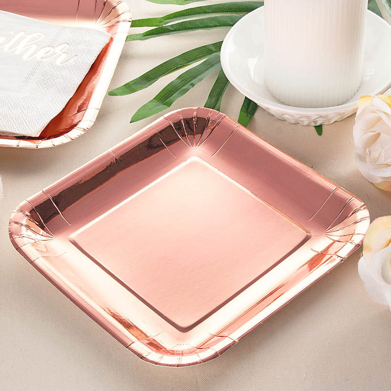 7 Inch Rose Gold Disposable Tableware suit Holiday Party Supplies Paper Tray Square Tray Paper Cup Adult Wedding Decoration