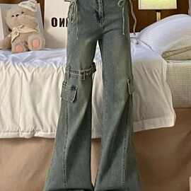 早秋蝴蝶结微喇牛仔裤女春秋新款辣妹显瘦显高修身皮带拼接裤子