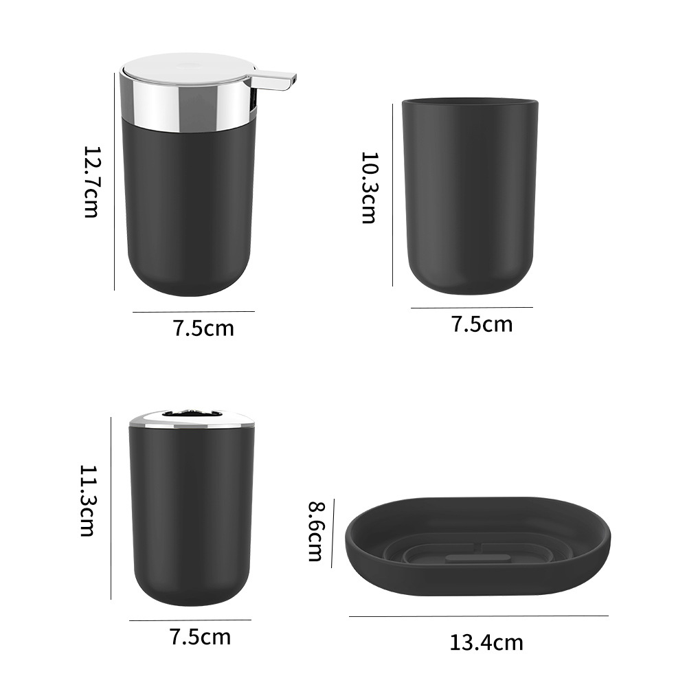 Cuatro piezas de cepillo de dientes de plástico de color sólido plateado, caja de jabón, cepillo de inodoro, baño de almacenamiento, baño de baño, conjunto de lavado