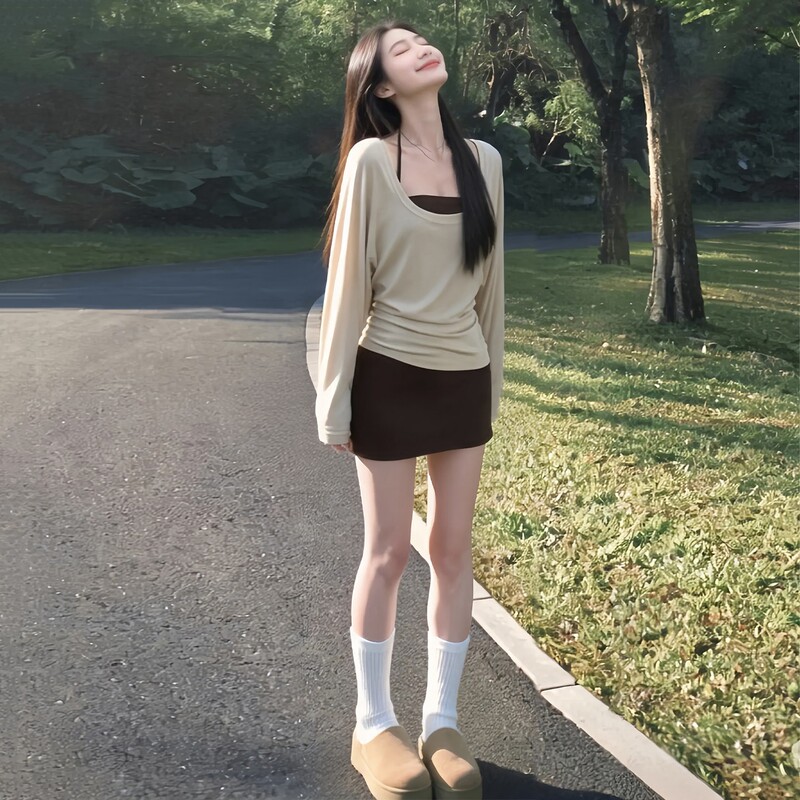 Korean-Style Outfit, Retro Brown Suspender Dress, Elegant and Stylish, Very Beautiful, Special and Pretty, Waist-Cinching Mini Dress, Spring 26