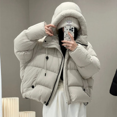 连帽白鸭绒羽绒服女短款2025冬季时尚高级感宽松小个子泡芙面包服