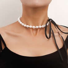 欧美跨境饰品个性创意仿巴洛克珍珠圆珠项链女黑色丝带蝴蝶结项饰