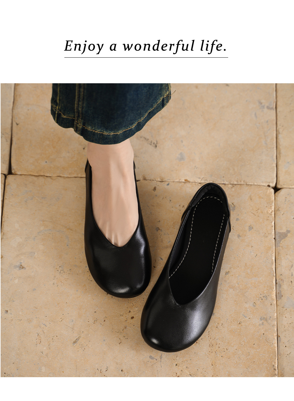 Giày bệt nữ mũi tròn da bò mềm đế bằng phong cách basic — màu nâu chi tiết 8