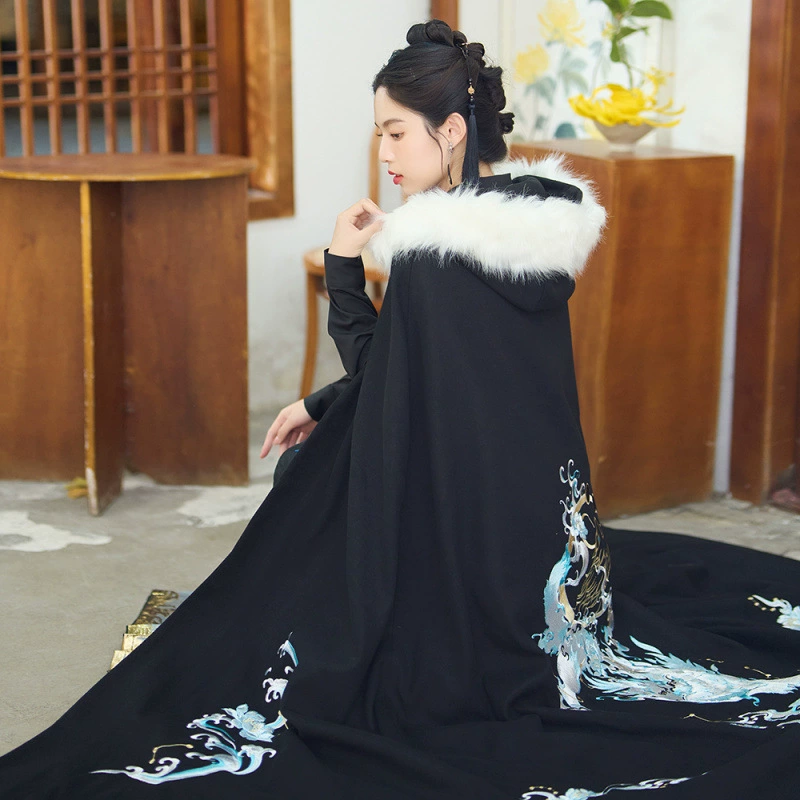 Фактический плащ Hanfu женский древний стиль плюс бархат толстый большой шерстяной воротник длинный пальто с капюшоном китайский стиль зимний плащ