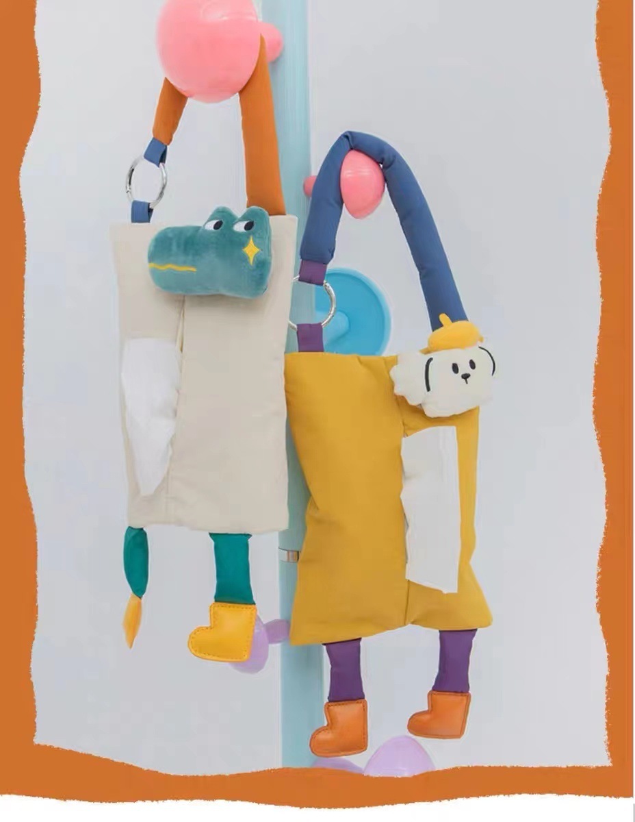2024 Hanging Car Interior Tissue Holder with Cute Plush Decoration for Armrest Box, Portable and Adorable