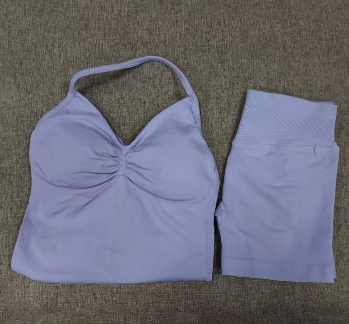 Conjunto DF Amazon pantalones cortos explosivos sujetador pequeño alto elástico superfino nailon halter cuello hermoso chaleco deportivo trasero
