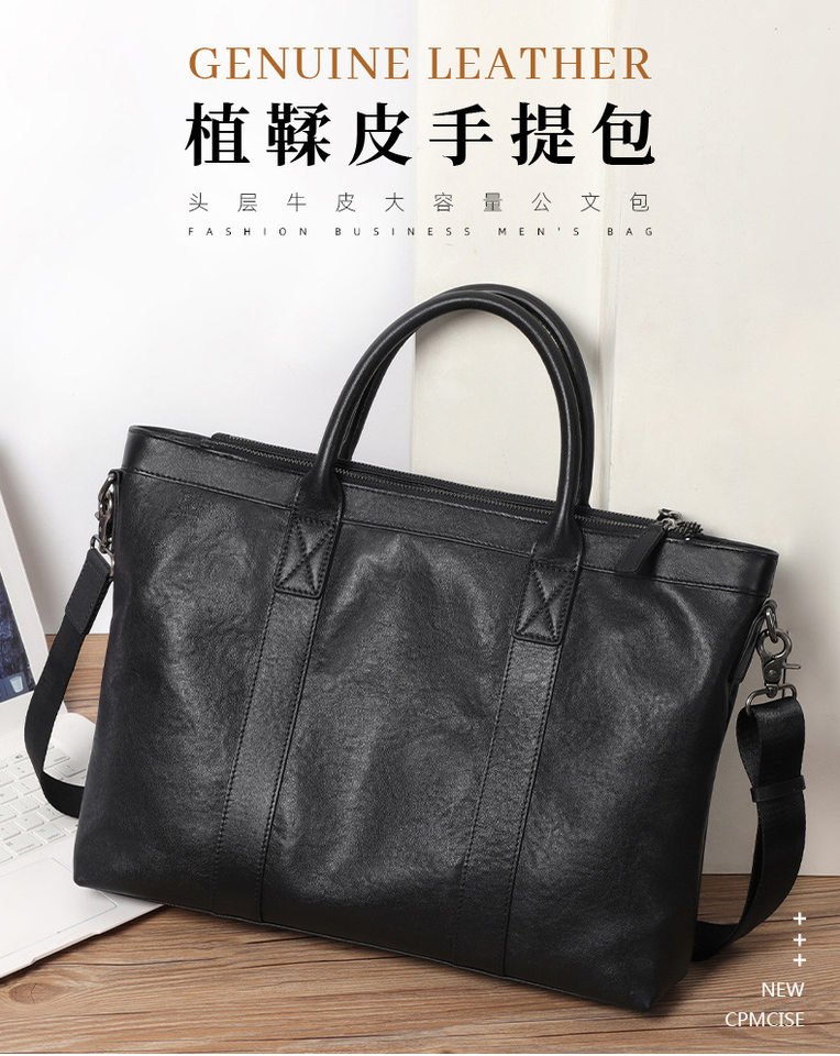 Cặp da nam công sở da bò lớp đầu nhiều ngăn 38×8×28 cm, đeo vai/chéo — Màu đen chi tiết 1