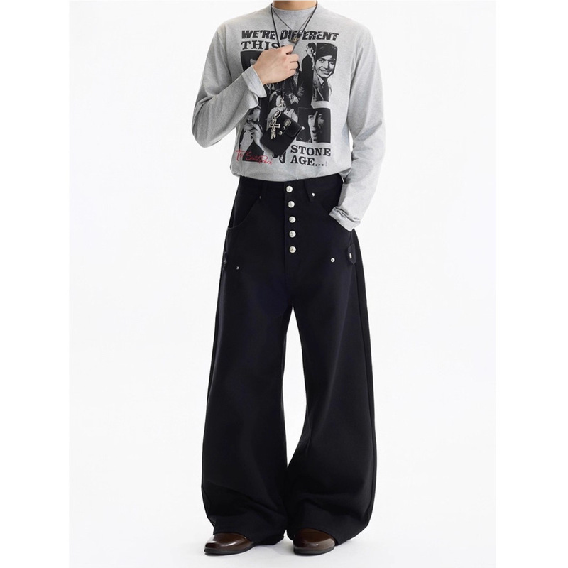 Blaexit Five-Button A-Line Wide-Leg Jeans Men's Straight Loose Old Money Style Draped Casual Dress Pants