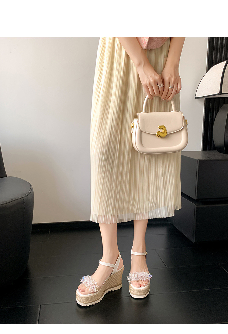 Sandal cao gót nữ đính đá quai ngang mũi hở gót xuồng platform — màu trắng ngà, bạc chi tiết 4