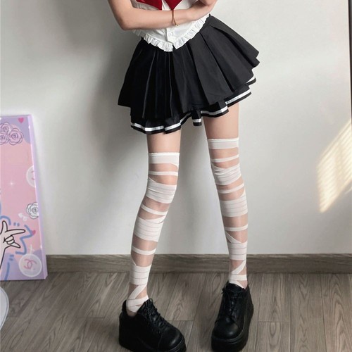 Subculture white gauze stockings Y2K bow Lolita over-the-knee high socks Lolita black and white silk stockings pure desire spicy girl