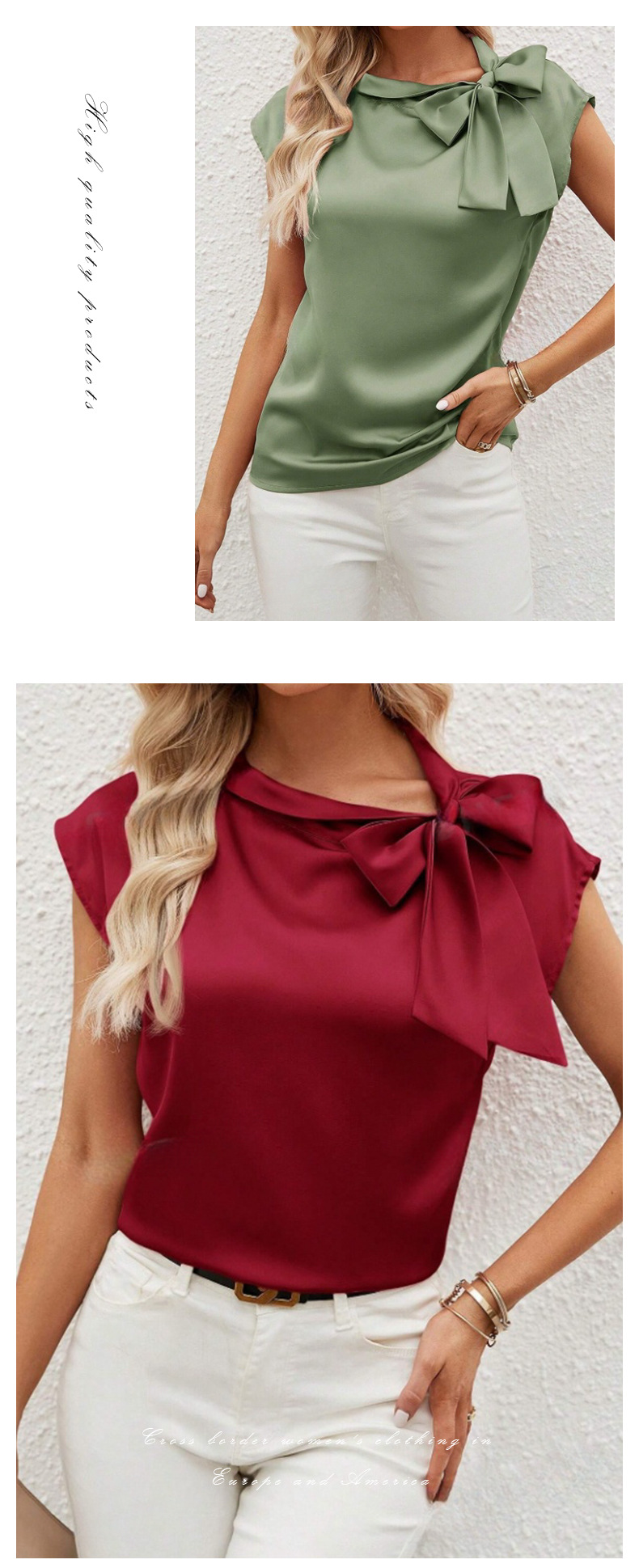 Damen Satin Oberteil Mit Schleife Niche Design Blusenshirt_voghion.com