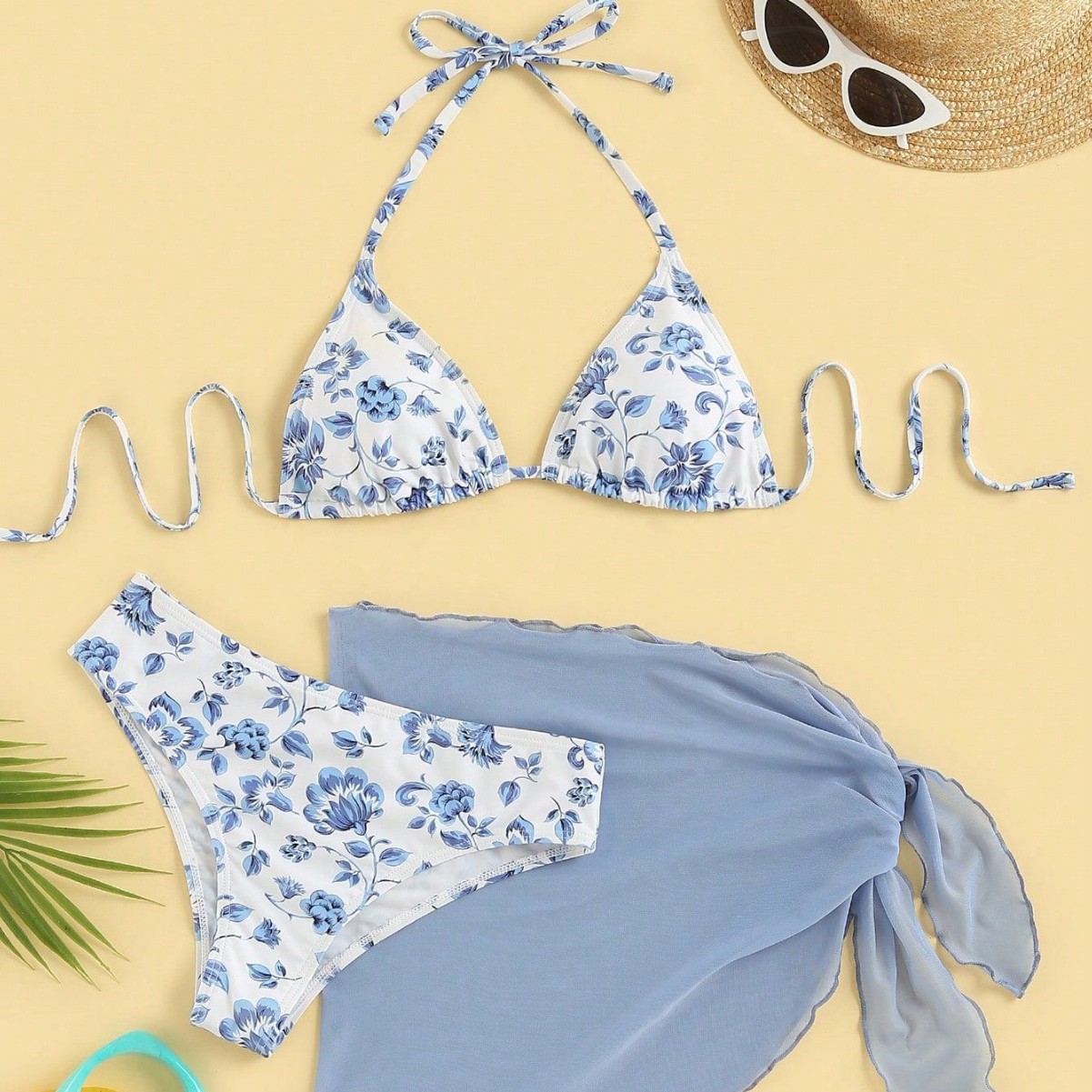 Maillot de bain bikini trois pièces à imprimé floral pour femme, taille nouée, sexy et très populaire_voghion.com