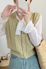 甜美竖条纹单排扣V领无袖马甲背心女夏秋学院风时尚减龄针织上衣