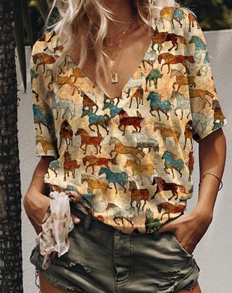 Nueva Venta caliente ropa de mujer europea y americana AliExpress Amazon Impresión digital Western Denim manga corta Camiseta con cuello en V 5260