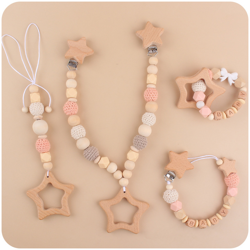 Bebé de dibujos animados de haya estrella mordedor juguete creativo DIY silicona chupete cadena pulsera coche colgando conjunto de cuatro piezas