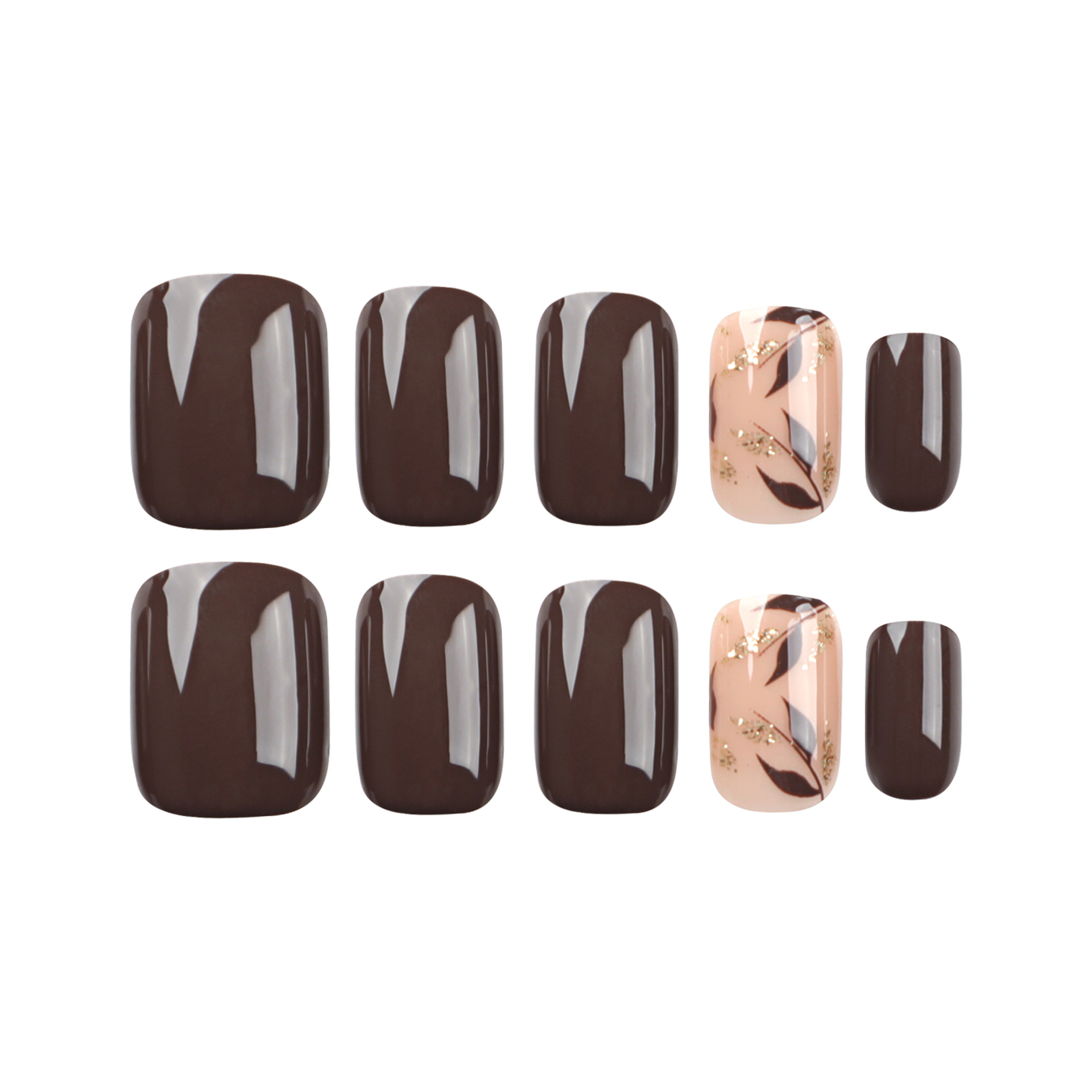 Brown desgaste uñas belleza pieza simple color sólido hojas uñas pegatinas pieza de uñas brillo dorado uñas falsas al por mayor