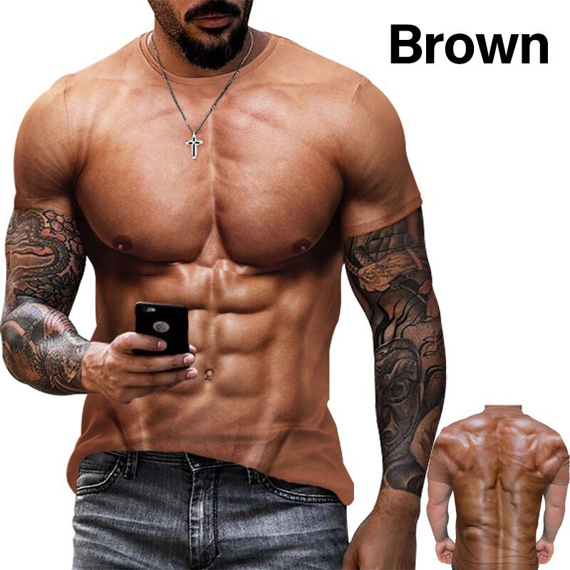 2026 Summer New Men's 3D Fake Tattoo T-Shirt Muscle Mechanical Print Short Sleeve European and American Trend Brand Cross-Border