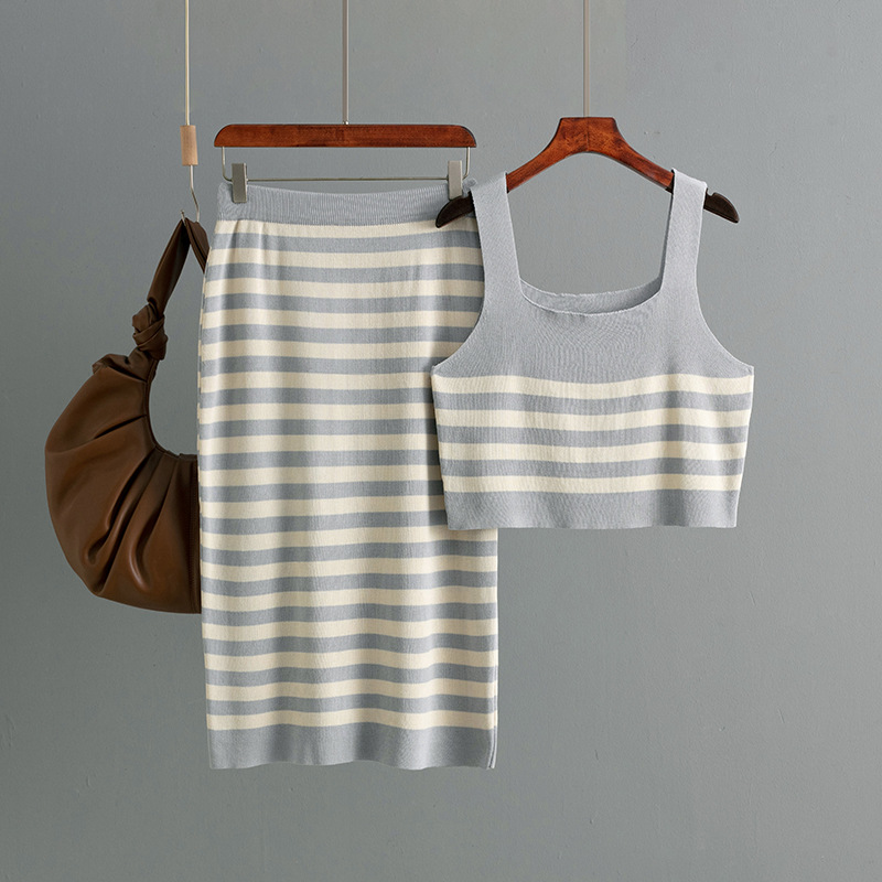 246g Weight Sleeveless Sleeve Length Ice Silk Fabric Type Leisure Suit Sets Type Daily Occasion Collarless Neckline Contrast Binding Function Slim Fit Type Stripes/Plaid Pattern Summer Season Women's Gender Basic, Commute style Style Daily Women's Basic Commute Style Stripes/Plaid Ice Silk Leisure Suit Skirt Sets 5
