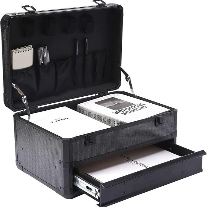 Fábrica de stock caja de aleación de aluminio negro con cajones herramientas de caja dura gabinete maleta caja de herramientas caja de instrumentos