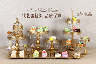 Decoración de mesa de postres de boda de oro, estante de pastel europeo, propósitos de boda, bandeja de pastel de encaje, estante de refrigerio de hierro forjado, 12 juegos