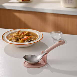 South Korea Food Grade Silicone Stainless Steel Short Handle Soup Spoon Household Kitchen High Temperature Congee Soup Spoon with Storage Base