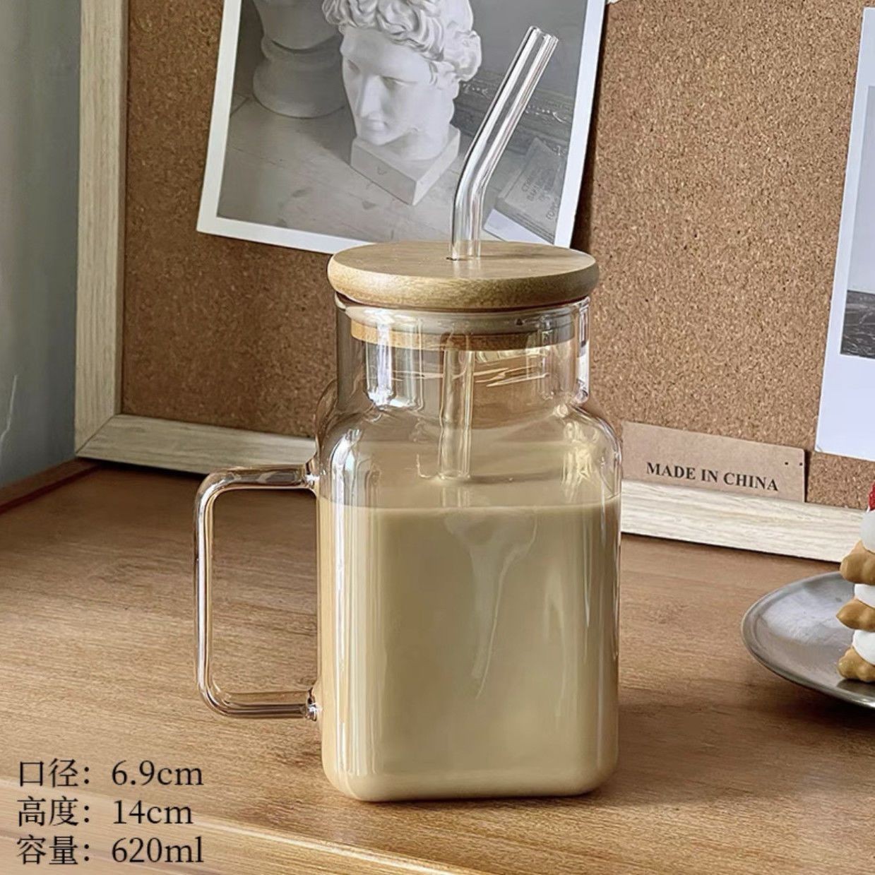 Vaso cuadrado de vidrio con asa, taza de borosilicato de alta resistencia, taza de oficina de gran capacidad con tapa.