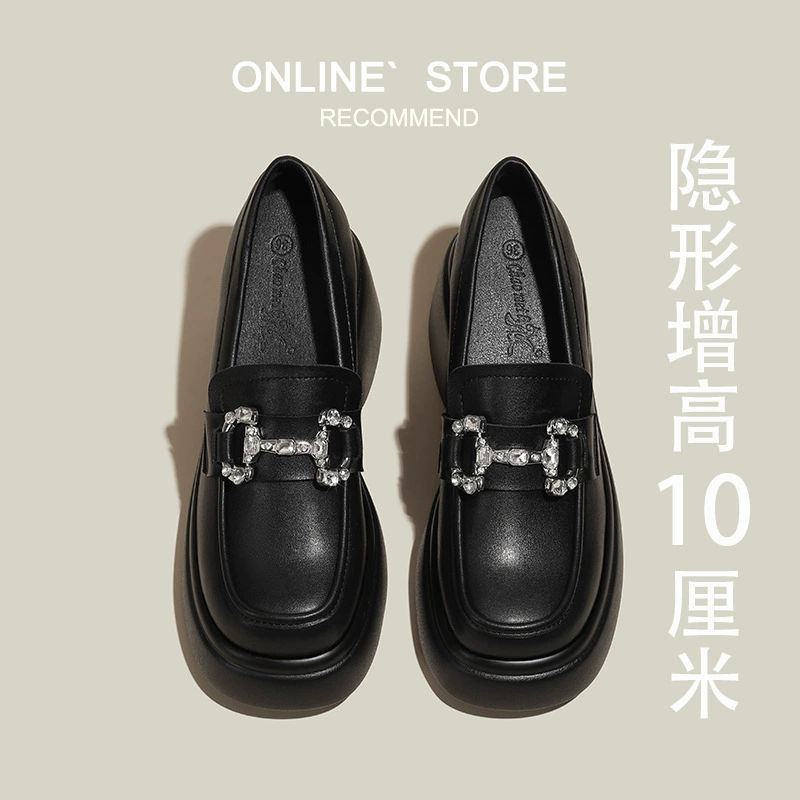 Женские лоферы на высоком каблуке, осень 2025, размер 32-33, на массивном каблуке для увеличения роста, женские туфли на толстой подошве в британском стиле, кожаные туфли на низком каблуке.