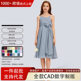 跨境亚马逊中大儿童晚礼服女童 A字V领及膝雪纺小伴娘裙外贸 庆典