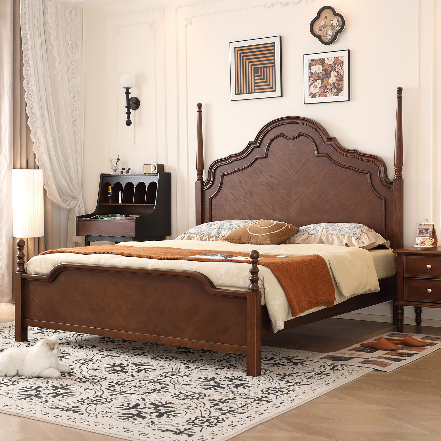 Cama de madera maciza estilo medieval francés estilo retro americano Nanyang 1.5m 1.8m cama doble dormitorio principal Anna cama de pantalla alta