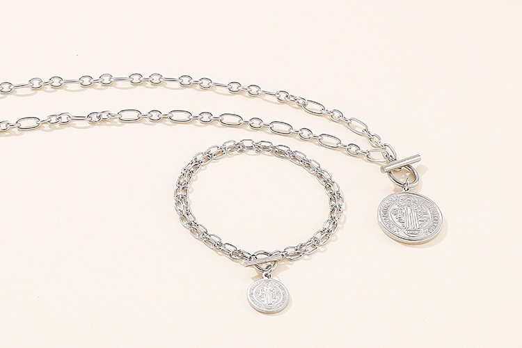 European and American hip-hop hipster bracelet necklace simple coin stainless steel jewelry set