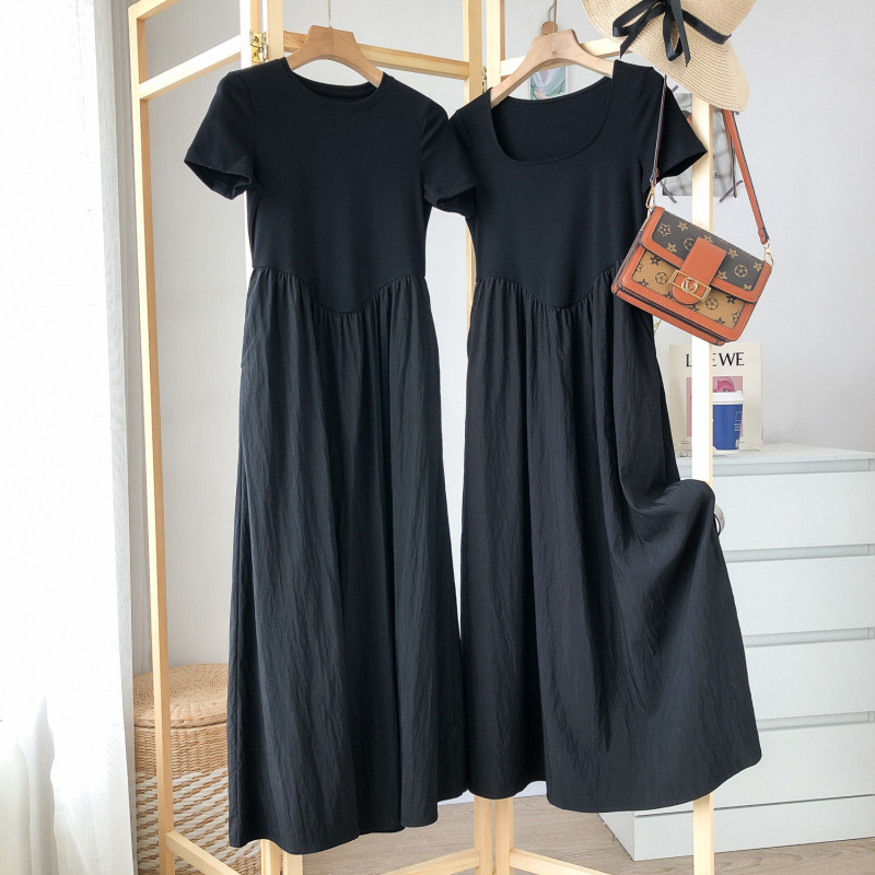 strength factory explosions small black dress! Black Patchwork Round Neck dress Women's Summer Slim-fit U-neck Long Dress
