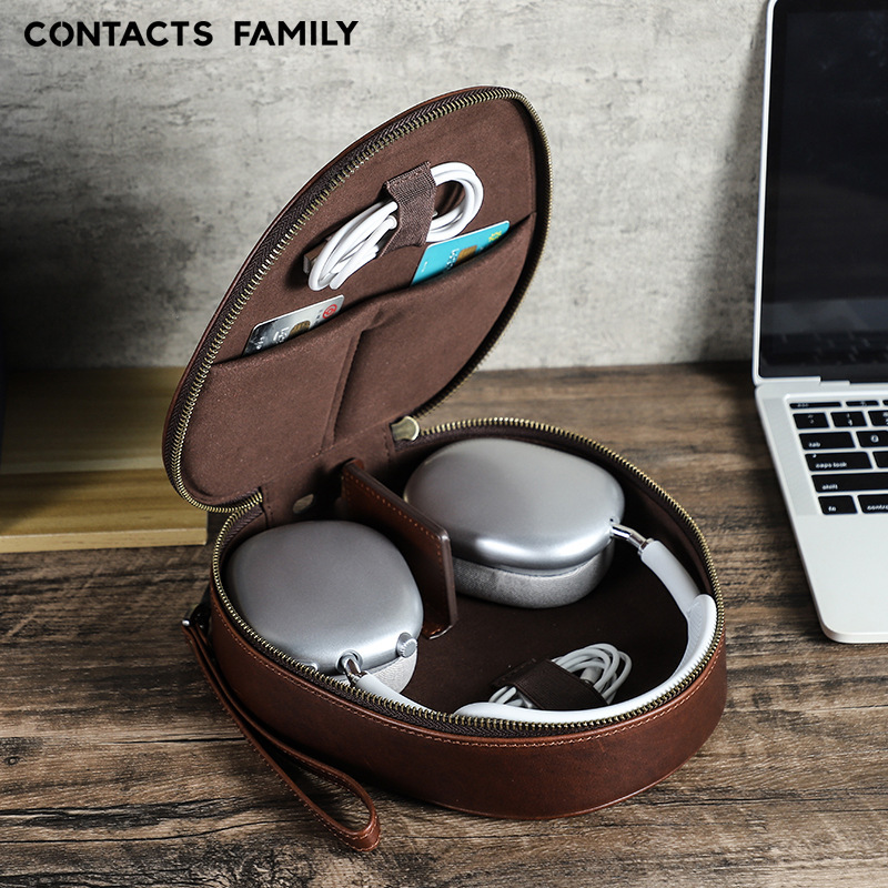 Suitable for Apple Airpodsmax Head-Mounted Wireless Headphone Bag Genuine Leather Satchel Headphone Cosmetics Bag Drop Shipping
