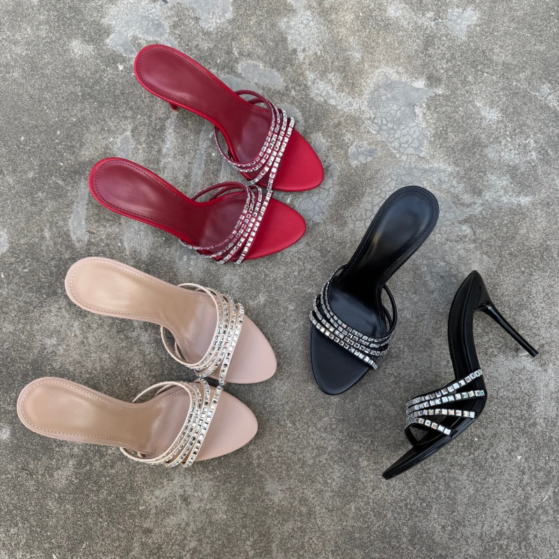 Foreign Trade European and American French Open-Toe High-Heeled Sandals Thin Strap Stiletto Slippers Rhinestone Sexy Sandals Women's Summer High Heels