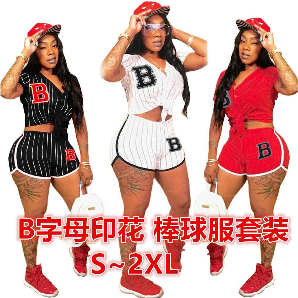 XY9135 Summer Dress New Amazon AliExpress European and American Sports Women's Striped Letter B Baseball Suit Two-Piece Set
