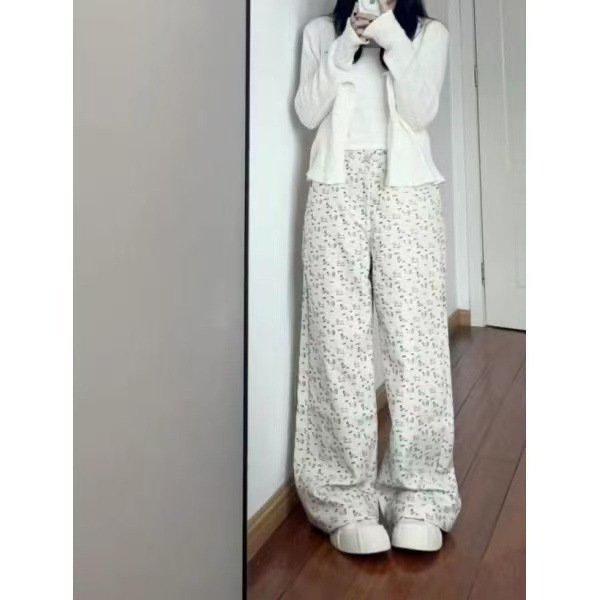 (2개) 미국 스타일 높은 허리 넓은 다리 캐주얼 바지 여성 유행 브랜드 디자인 봄과 여름 얇은 느슨한 스트레이트 바지