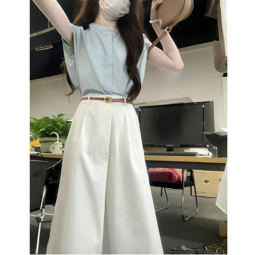 Summer shirt, age-reducing fashion, new temperament blue top, French casual high waist skirt, two-piece set