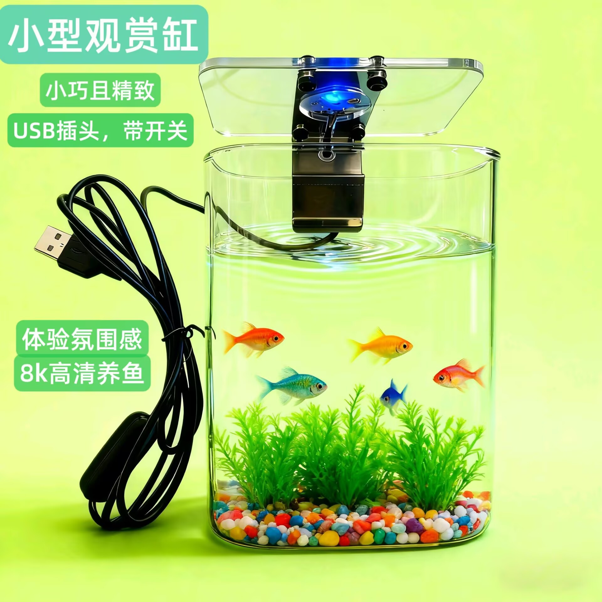桌面鱼缸小型观赏玻璃斗鱼微景观鱼生态缸水族箱灯夹USB迷你透明