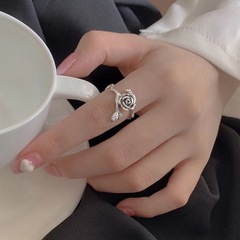 復古荊棘玫瑰泰銀戒指 小眾設計花朵食指戒個性國潮可調節ins指環