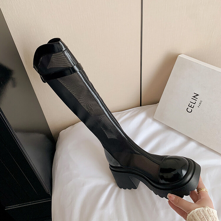 Bốt lưới da cừu cao gót thô cổ cao ôm chân phong cách Hàn Quốc — Màu đen cổ ống lớn, Ống nhỏ màu đen, Chu vi ống lớn màu trắng Be chi tiết 19