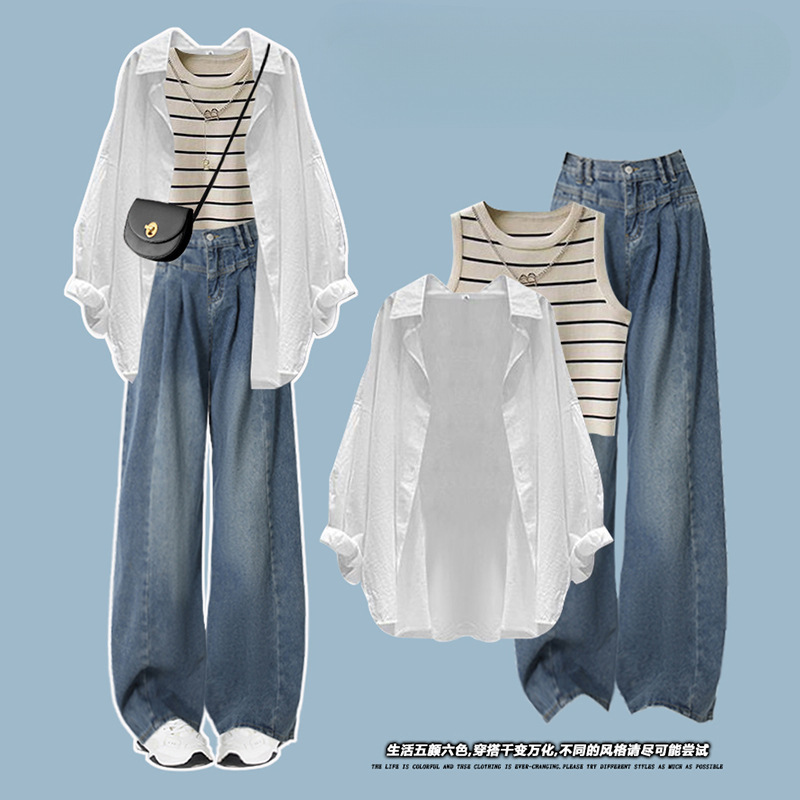 Plus Size Summer Outfit Set for Chubby Women: Age-Reducing Camisole, Sun-Protective Shirt, and Denim Wide-Leg Pants Three-Piece Set
