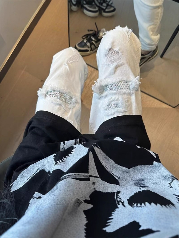 高街白钻潮牌轻奢破洞补丁烫钻水洗磨破刮烂男女牛仔裤修身小直筒|undefined