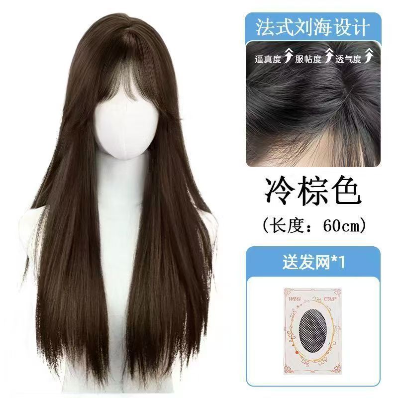 [machine-made style] straight hair with bangs, cool brown + hair net