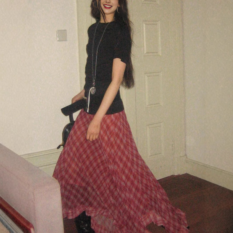 SUPERSCAPE Subo Summer Vintage Plaid Irregular Wood Ear Hem Mid-length Chiffon Plaid Skirt