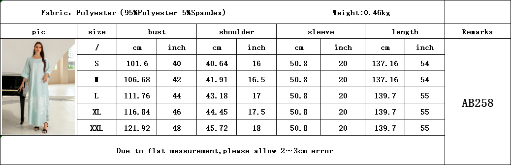 AB258英文尺寸表