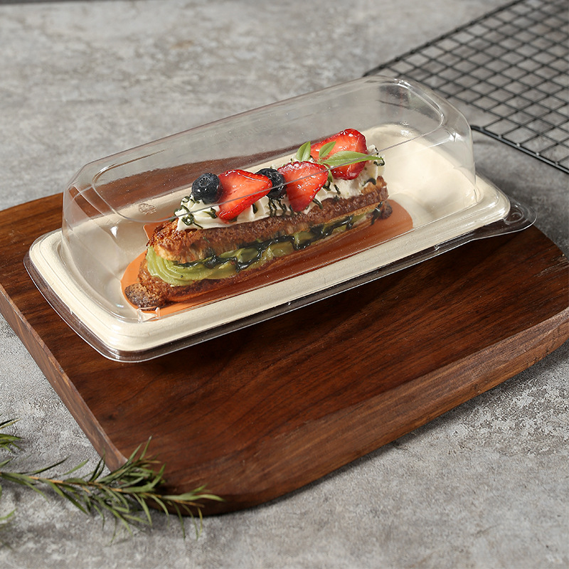 bandeja de pulpa transparente degradable para sándwiches cubierta antiniebla caja de embalaje de pastel de nieve y caja de embalaje de corte de pastel
