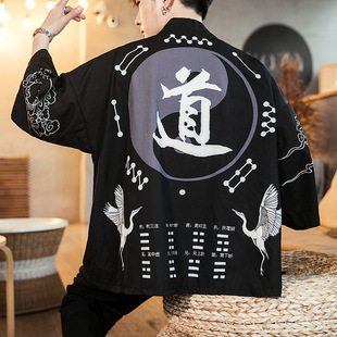 Summer Chinese Style Retro Cardigan Kimono Men's Loose Ethnic Print Large Size Cape Robe Jacket