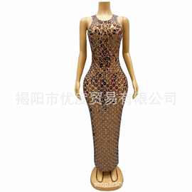 优雅高贵欧美性感网纱跨境重工酒会红毯晚礼服演出连衣裙黄金甲
