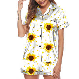 欧美仿真丝睡衣女夏季套装短袖冰丝开衫家居服外贸两件套欧美风