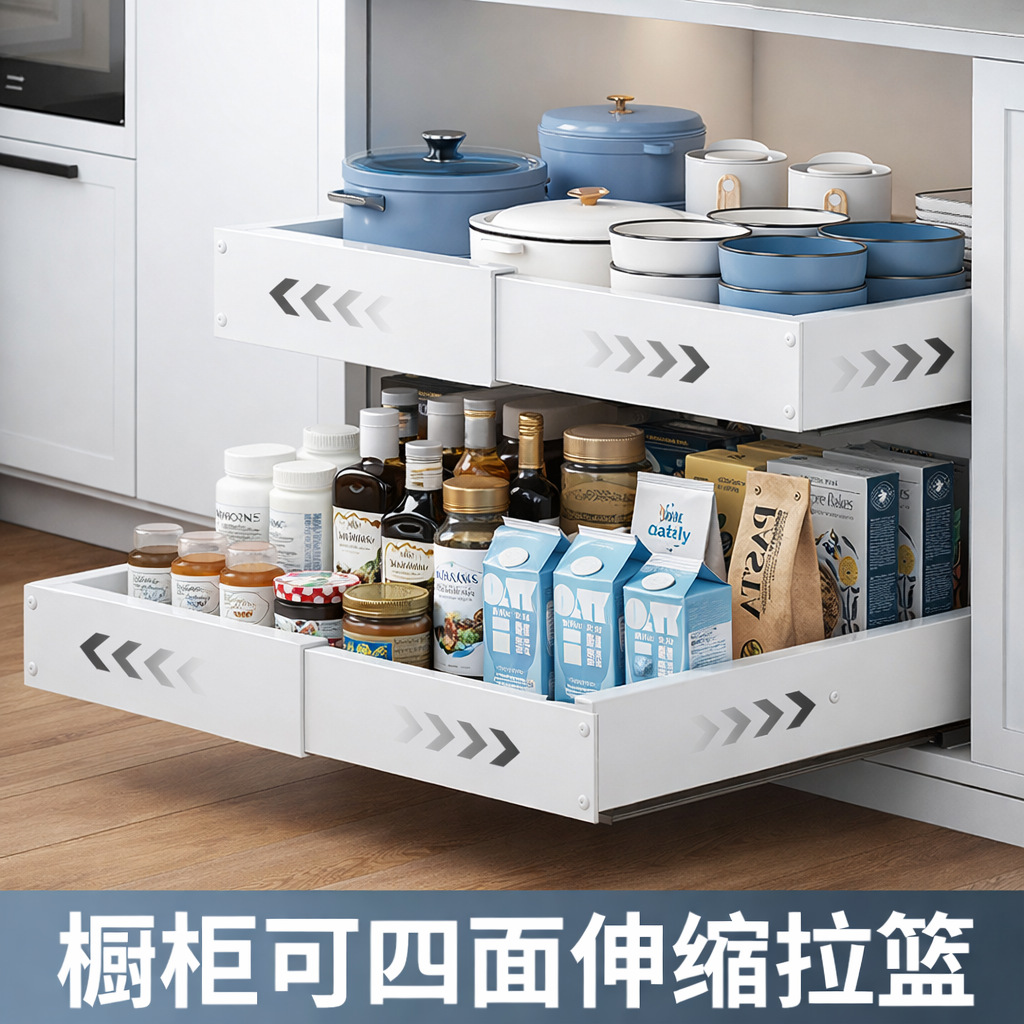 Four-sided Retractable Storage Rack Punch-free Drawer-type Cabinet Bowl and Dish Seasoning Basket Lower Sink Drawable Storage Rack
