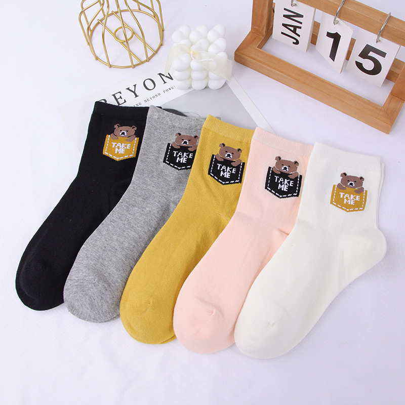 Spring and Summer Combed Cotton Women's Socks, Fashionable Cartoon Pocket Bear Design, Stylish Mid-Calf Socks, Breathable and Versatile Women's Socks, Wholesale from Manufacturer